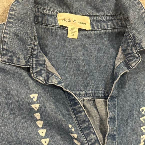 Cloth & Stone Chambray Denim Shirtdress Sz XS Frayed Hem Blue Diamond Pattern - Picture 6 of 6